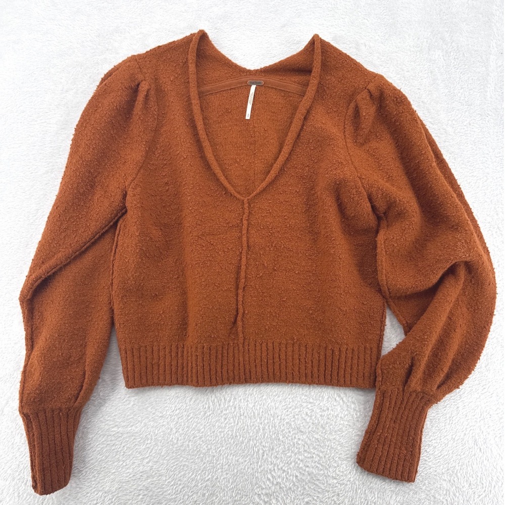 Free People Women Sweater S Orange Brown Boucle Puff Sleeve V-Neck Cropped Knit